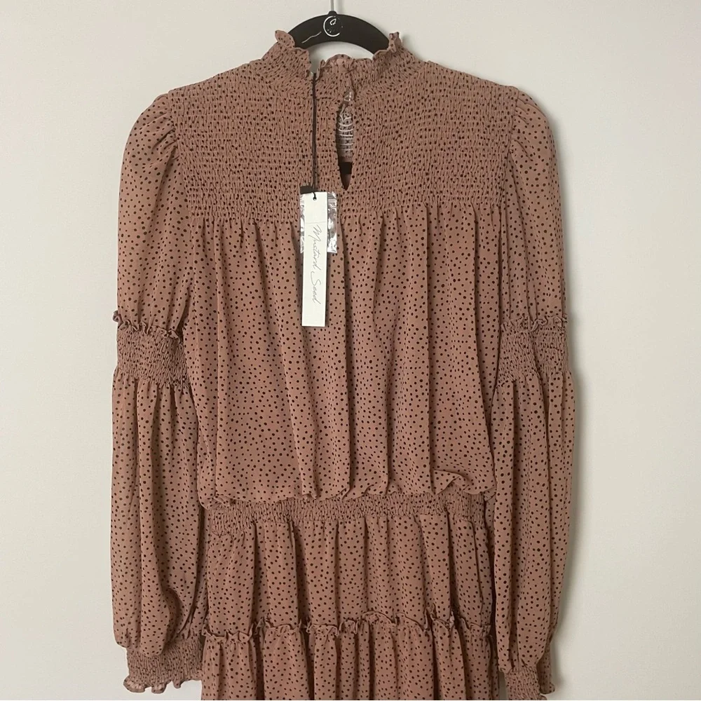 Mustard Seed: Mini Mock Neck Beige Black Polka Dot Dress Size M  Long sleeve - Picture 4 of 8